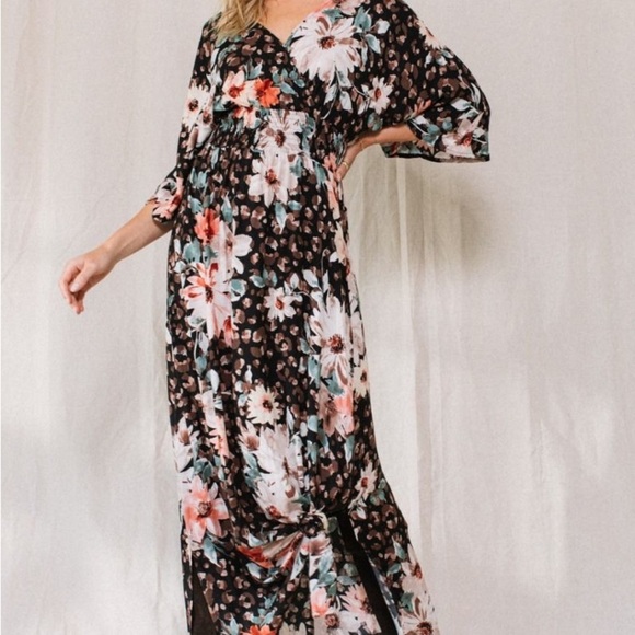 Leopard floral print maxi wrap dress with 3/4 sleeves and a center back tie. - Picture 2 of 2